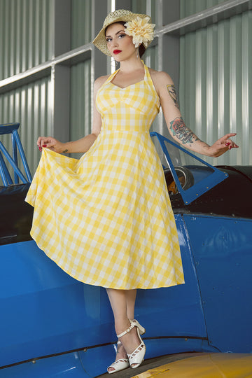 Vestido vintage de xadrez de halter amarelo